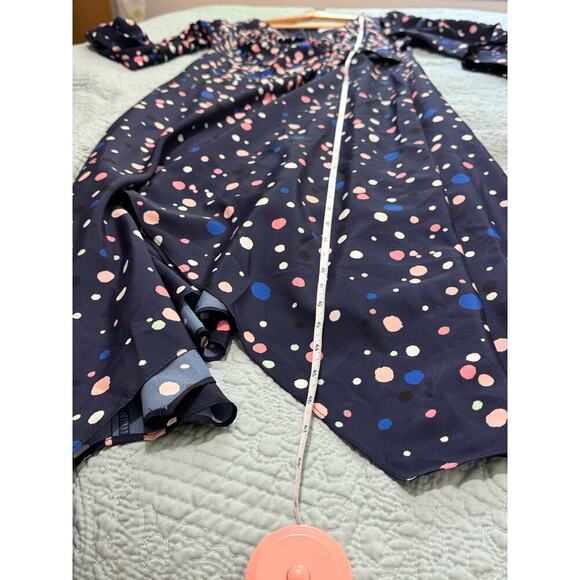 ELIZA J Navy Blue Polka Dotted Pink Faux Wrap Midi Dress V-Neck Size 10 Retro - Picture 14 of 14